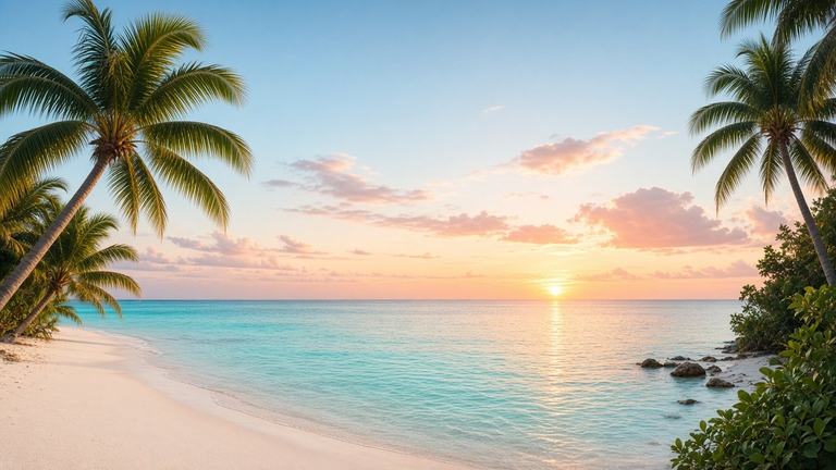 Calm tropical beach at golden hour with turquoise water and palm trees